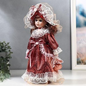 Кукла коллекционная керамика "Маленькая мисс в бордовом платье" 30 см
