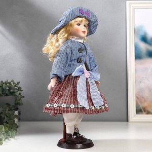 Кукла коллекционная керамика "Блондинка с кудрями, розовая юбка и голубой пиджак" 40 см