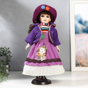 Кукла коллекционная керамика "Брюнетка с кудрями, в фиолетово-сиреневом наряде" 40 см