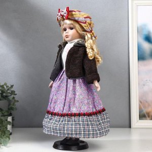 Кукла коллекционная керамика "Блондинка с кудрями, сиреневая юбка, шляпка полоски" 40 см