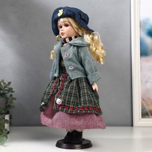 Кукла коллекционная керамика "Блондинка с косами, сарафан голуб.клетка, зелён.пиджак" 40 см
