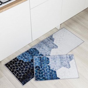 Набор ковриков для ванны и туалета Доляна «Галилео», 2 шт: 45x120, 40x60 см, цвет синий