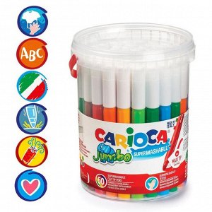 Фломастеры 36 цветов Carioca "Maxi. Jumbo" 6 мм, набор 50 штук, утолщенные, смываемые, банка с ручкой