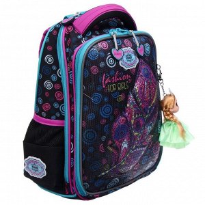 Рюкзак каркасный Across, 39 х 29 х 17 см + мешок для обуви, с брелоком, чёрный/сиреневый/фиолетовый