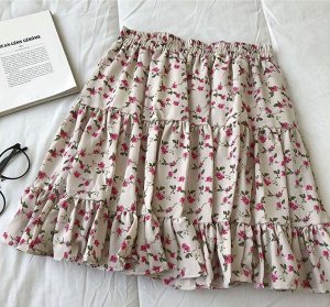 Женская мини-юбка, принт "Розовые цветы", цвет молочный