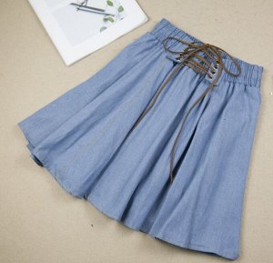 Женская джинсовая юбка-солнце , на шнуровке, цвет светло-голубой