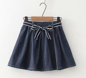 Женская джинсовая юбка-солнце , на резинке, с синей лентой, цвет темно-синий