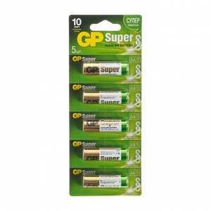 Батарейка алкалиновая GP Super, AA, LR6-5BL, 1.5 В, отрывной блистер, 5 шт.
