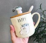 Кружка с крышкой и ложкой, принт &quot;Хомячок&quot;, надпись &quot;Happy&quot;, декор &quot;Хомячок&quot;, цвет молочно-бежевый