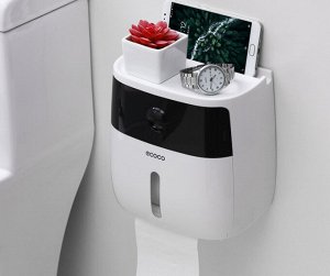 Диспенсер для туалетной бумаги с ящичком, надпись "Ecoco", цвет черный/белый