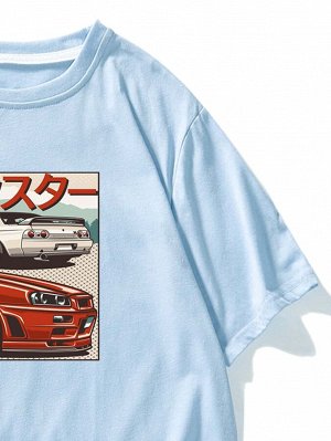 Мужская футболка с японским текстовым принтом и узором машины
