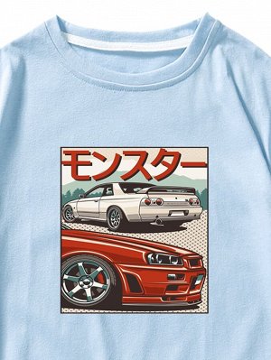 Мужская футболка с японским текстовым принтом и узором машины