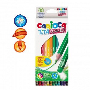 Карандаши 12 цветов Carioca "Tita Erasable", стираемые, 3.0 мм, шестигранные, пластиковые, с ластиком, картон, европодвес
