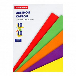 Картон цветной А4, 10 листов Erich Krause, 10 цветов Erich Krause, немелованный, 170 г/м2, на склейке