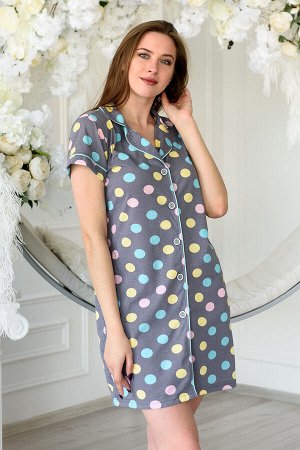 Халат женский из кулирки с коротким рукавом и кантом Саманта цветной горох на сером