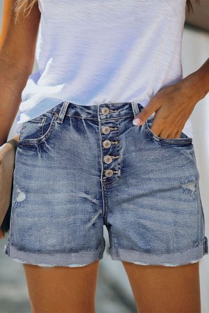 Голубые потертые джинсовые шорты с высокой посадкой и застежкой на пуговицах