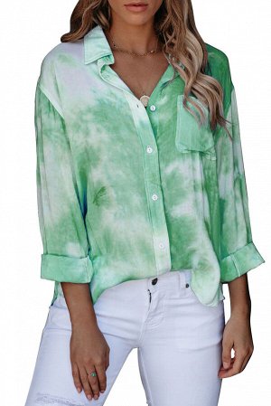 Зелено-белая свободная рубашка на пуговицах с карманом