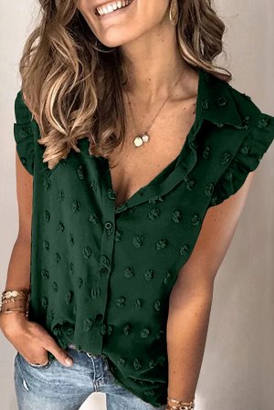 Зеленая блуза с текстурой в горошек с отложным воротником и оборками