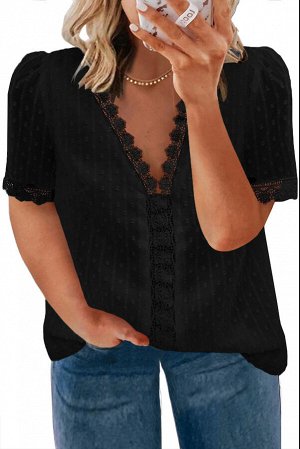 Черная элегантная кружевная блуза в швейцарский горошек с V-образным вырезом и коротким рукавом