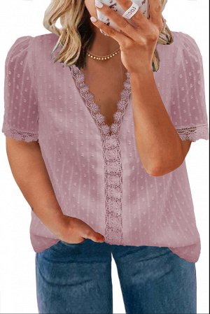 Розовая элегантная кружевная блуза в швейцарский горошек с V-образным вырезом и коротким рукавом