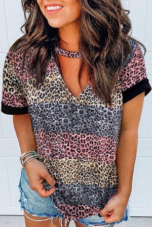 Разноцветная полосатая футболка с леопардовым принтом и фигурным треугольным вырезом