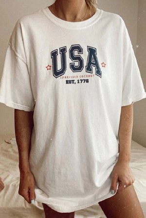 Белая футболка оверсайз с надписью: USA