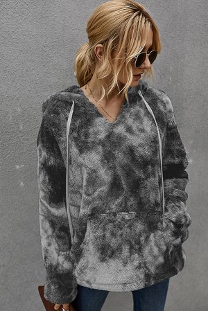 Темно-серый плюшевый пуловер-худи с V-образным вырезом