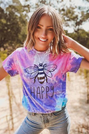Фиолетово-розовая футболка с принтом пчела и надписью: Happy