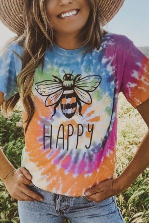Оранжево-голубая футболка с принтом пчела и надписью: Happy
