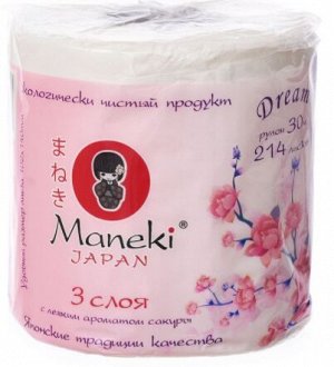 Туалетная бумагая "Maneki" Dream 3 слоя, 214 л., 30 м, гладкая, белая, 1 рулон