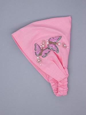 Косынка для девочки на резинке, сбоку две серые бабочки, бусинки, розовый