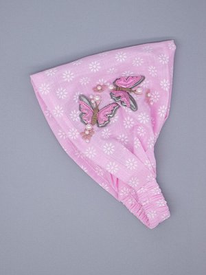 Косынка для девочки на резинке, белые цветочки, сбоку две серые бабочки, бусинки, розовый