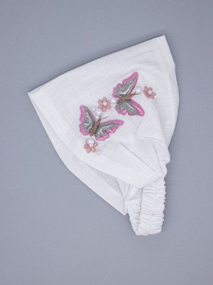 Косынка для девочки на резинке, сбоку две розовые бабочки, бусинки, белый