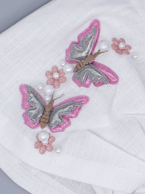 Косынка для девочки на резинке, сбоку две розовые бабочки, бусинки, белый