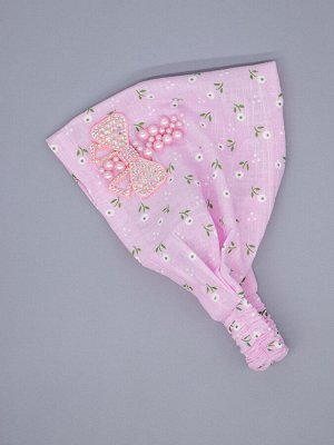 Косынка для девочки на резинке, цветы, розовый бантик из страз с розовыми бусинами, розовый