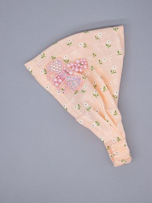 Косынка для девочки на резинке, цветы, розовый бантик из страз с розовыми бусинами, персиковый
