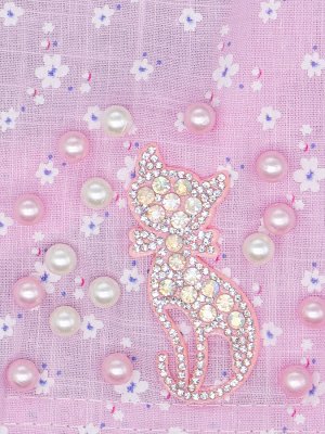 Косынка для девочки на резинке, цветочки, сбоку розовая кошка из страз и бусинки, розовый