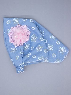 Косынка для девочки на резинке, джинс, голубые цветы, розовый бант из фатина с кружевом, голубой