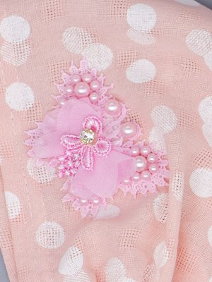 Косынка для девочки на резинке, горошки, сбоку розовая бабочка с бусинами, персиковый
