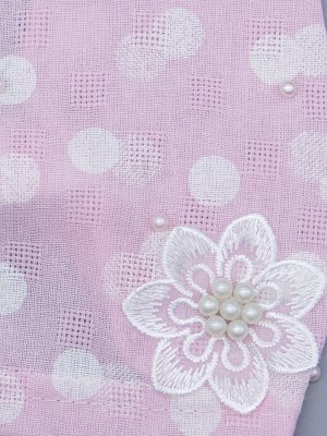 Косынка для девочки на резинке, горошки, бусинки, сбоку ажурный белый цветок с бусинами, розовый