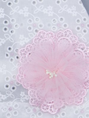 Косынка для девочки на резинке, цветочки, сбоку розовый бант из фатина с розовый кружевом, молочный