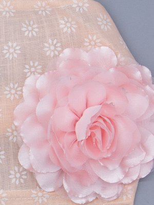 Косынка для девочки на резинке, белые цветочки, сбоку большой светло-розовый цветок, персиковый