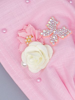 Косынка для девочки на резинке, бусинки, сбоку розовый и кремовый цветок, бантик, светло-розовый