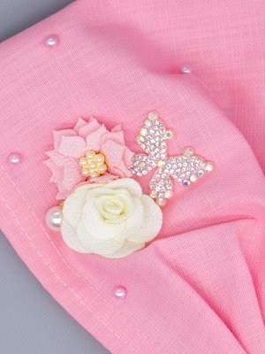 Косынка для девочки на резинке, бусинки, сбоку розовый и кремовый цветок, бантик, розовый