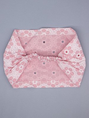 Косынка для девочки на резинке, цветочный узор, сбоку четыре розовые бабочки из страз, пудровый