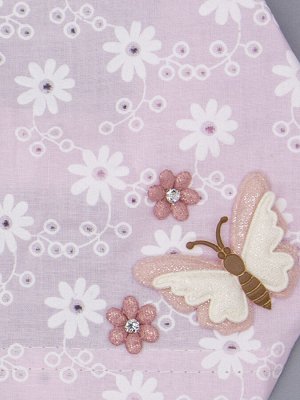 Косынка для девочки на резинке, белые цветочки, сбоку бежевая бабочка и три цветка, светло-розовый