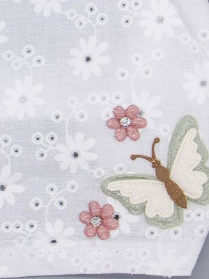 Косынка для девочки на резинке, белые цветочки, сбоку зеленая бабочка и три цветка, белый