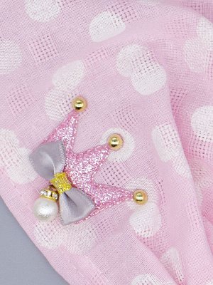 Косынка для девочки на резинке, горошек, сбоку розовая корона, серый бантик с бусиной, розовый