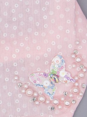 Косынка трикотажная для девочки на резинке, мелкий горошек, бусинки, белая бабочка, светло-розовый