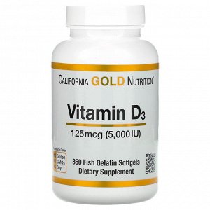 California Gold Nutrition, витамин D3, 125 мкг (5000 МЕ), 360 капсул из рыбьего желатина